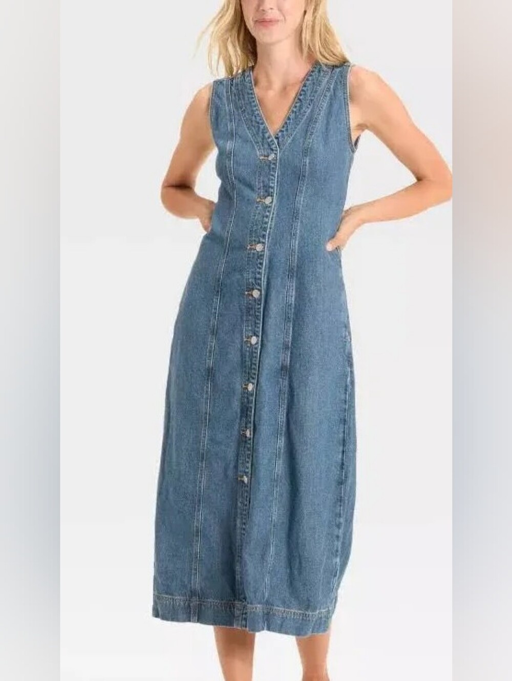 Universal Thread Blue Sleeveless Button-Front Denim Maxi Dress